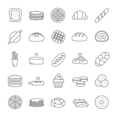 Fırın doğrusal Icons set. Hamur işi. Şekerlemeler. Ekmek, çörek, tanımlama bilgileri, macaron, krep. İnce çizgi kontur sembolleri. İzole vektör anahat çizimler