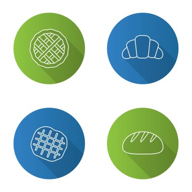 Fırın düz doğrusal uzun gölge simgeler kümesi. Pasta, kruvasan, Belçika waffle, yuvarlak ekmek. Vektör anahat çizim