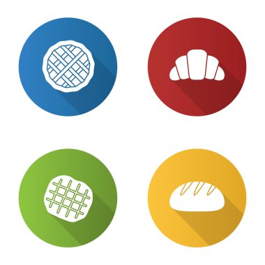 Fırın düz tasarım uzun gölge glif simgeler kümesi. Pasta, kruvasan, Belçika waffle, yuvarlak ekmek. Vektör siluet çizimi