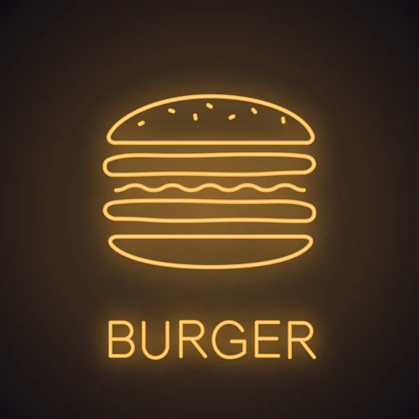 Burger Cutaway Icona Luce Neon Panino Assemblea Hamburger Caffè Segno — Vettoriale Stock