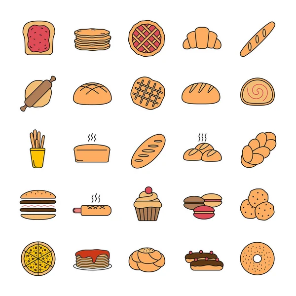 Bäckereifarbsymbol Gebäck Süßwaren Brot Brötchen Kekse Macaron Pfannkuchen Isolierte Vektorabbildung — Stockvektor