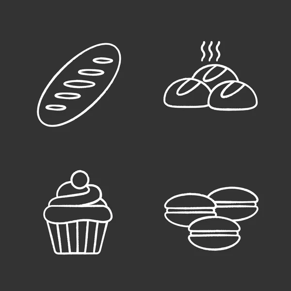 面包店粉笔图标设置 晚餐卷 马卡龙 孤立的矢量黑板插图 — 图库矢量图片