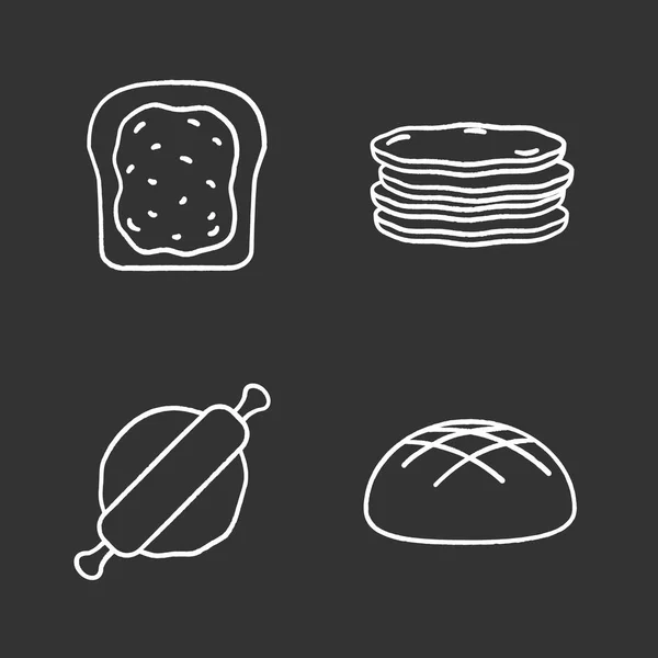 面包店粉笔图标设置 烤面包配果酱 煎饼堆 滚针和面团 黑麦面包 孤立的矢量黑板插图 — 图库矢量图片
