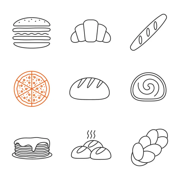 Pékség Lineáris Ikonok Beállítása Burger Croissant Baguette Pizza Kerek Kenyeret — Stock Vector