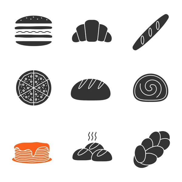 Set Iconos Glifo Panadería Hamburguesa Croissant Baguette Pizza Pan Redondo — Vector de stock