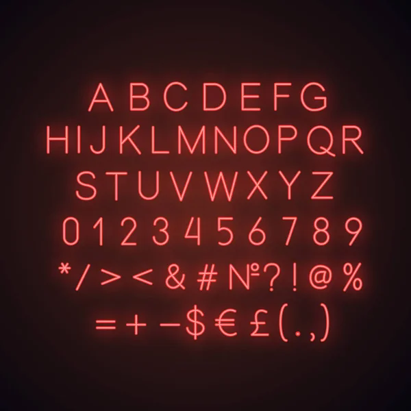 Alfabeto Rosso Numeri Segni Matematici Icona Della Luce Neon Simboli — Vettoriale Stock