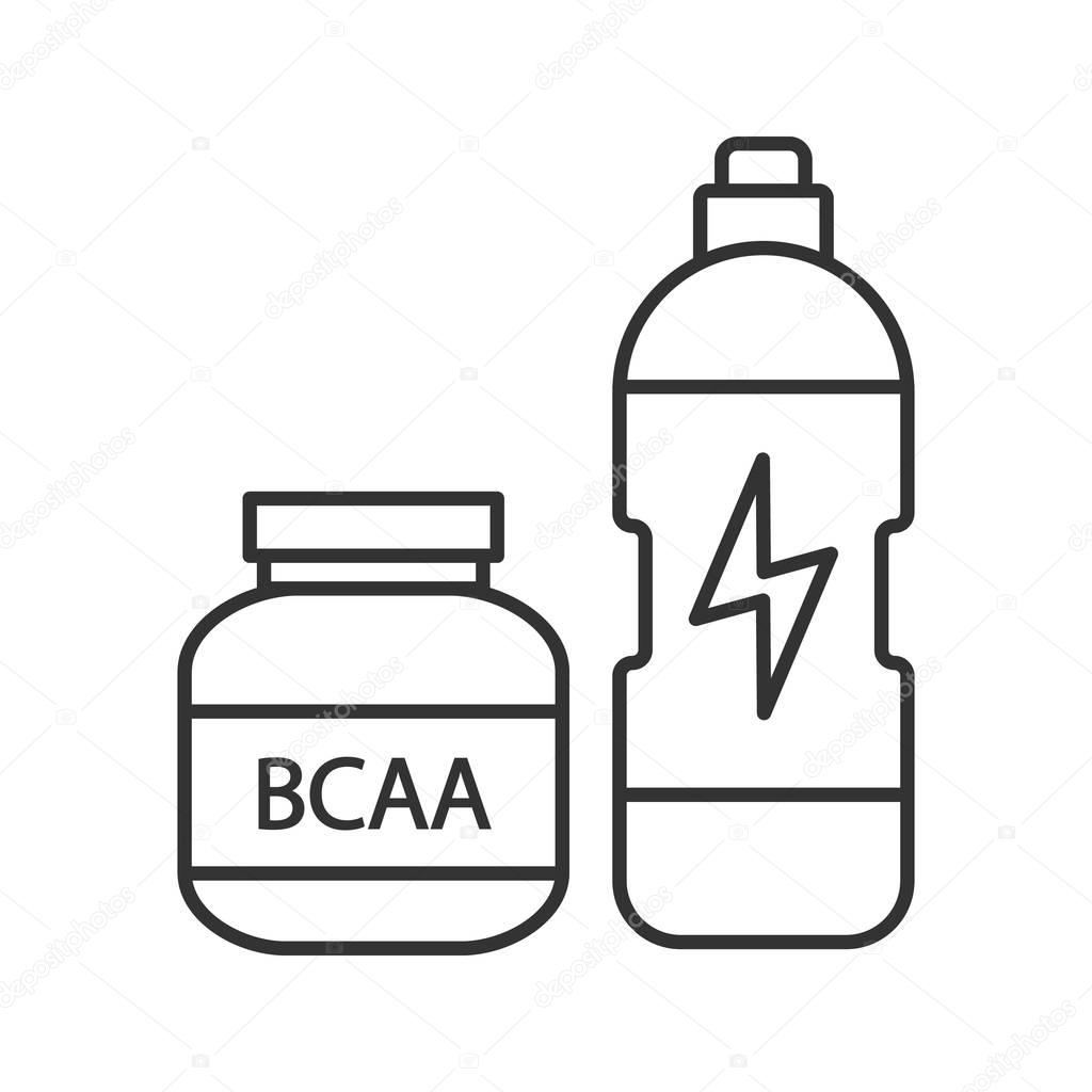 BCAA supplement linear icon. Whey protein. Thin line illustration. Sports nutrition. Contour symbol. Vector isolated outline drawing