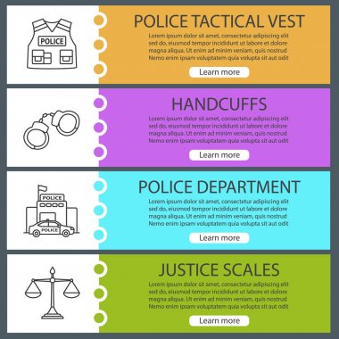 Polis afiş şablonlar kümesi web. Kurşun geçirmez yelek, kelepçe, Emniyet Müdürlüğü, adalet ölçekler. Web sitesi renk menü öğeleri ile doğrusal kutsal kişilerin resmi. Vektör üstbilgileri kavramları tasarım