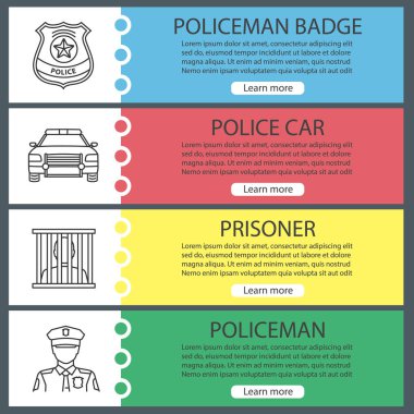 Polis afiş şablonlar kümesi web. Polis, rozet, Araba, mahkum. Web sitesi renk menü öğeleri ile doğrusal kutsal kişilerin resmi. Vektör üstbilgileri kavramları tasarım