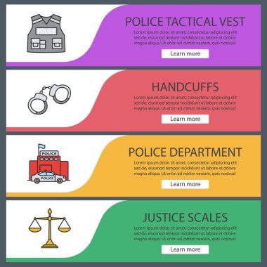 Polis afiş şablonlar kümesi web. Kurşun geçirmez yelek, kelepçe, Emniyet Müdürlüğü, adalet ölçekler. Web sitesi renk menü öğeleri. Vektör üstbilgileri kavramları tasarım