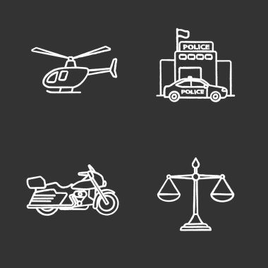 Polis Icons set tebeşir. Helikopter, motosiklet, adalet ölçekler, polis karakolu. İzole vektör kara tahta çizimler