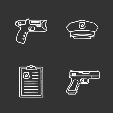 Polis Icons set tebeşir. TAŞER, şapka, polis raporu, silah. İzole vektör kara tahta çizimler
