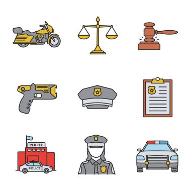 Polis Icons set renk. Motosiklet, adalet ölçekler, tokmak, TAŞER, şapka, rapor, polis karakolu, polis, araba. İzole vektör çizimler