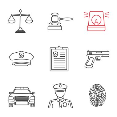 Polis doğrusal Icons set. Adalet ölçekler, tokmak, alarm, şapka, rapor, silah, Araba, polis, parmak izi. İnce çizgi kontur sembolleri. İzole vektör anahat çizimler