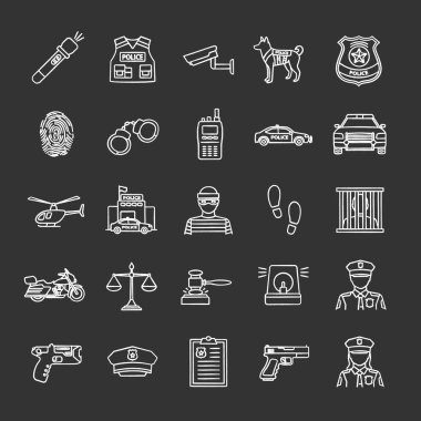 Polis Icons set tebeşir. Yasa uygulama. Taşıma, koruma araçları, silah. İzole vektör kara tahta çizimler