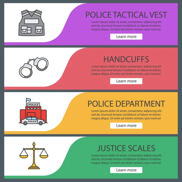 警察は Web バナー テンプレート セットです 防弾ベスト 司法のスケール ウェブサイト色のメニュー項目 ベクトル ヘッダー — ストックベクタ