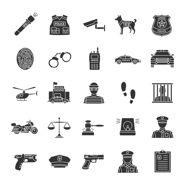 Conjunto Iconos Glifo Policial Aplicación Ley Transporte Equipo Protección Arma — Archivo Imágenes Vectoriales