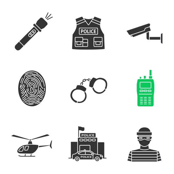 Conjunto Iconos Glifo Policial Linterna Chaleco Antibalas Cámara Vigilancia Huellas — Vector de stock