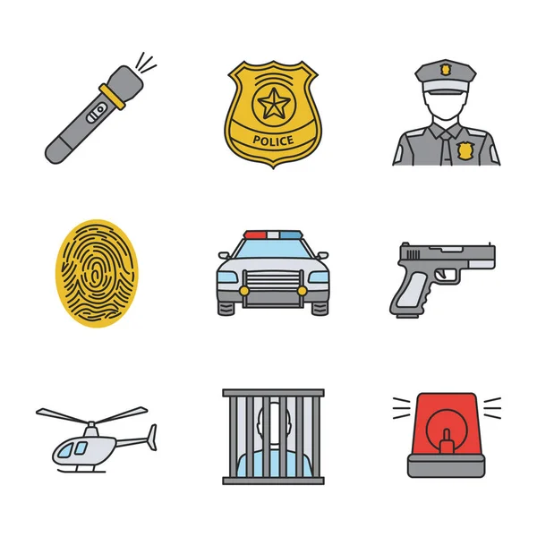 Polisen Färg Ikoner Set Ficklampa Polisen Badge Polis Fingeravtryck Bil — Stock vektor