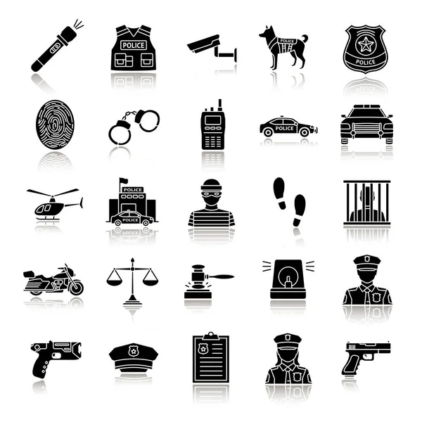 Politie Drop Shadow Zwart Glyph Pictogrammen Set Handhaving Van Wet — Stockvector