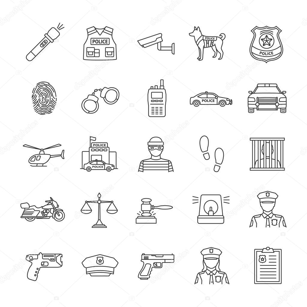 Police linear icons set. Law enforcement. Transport, protection equipment, weapon. Thin line contour symbols. Isolated vector outline illustrations