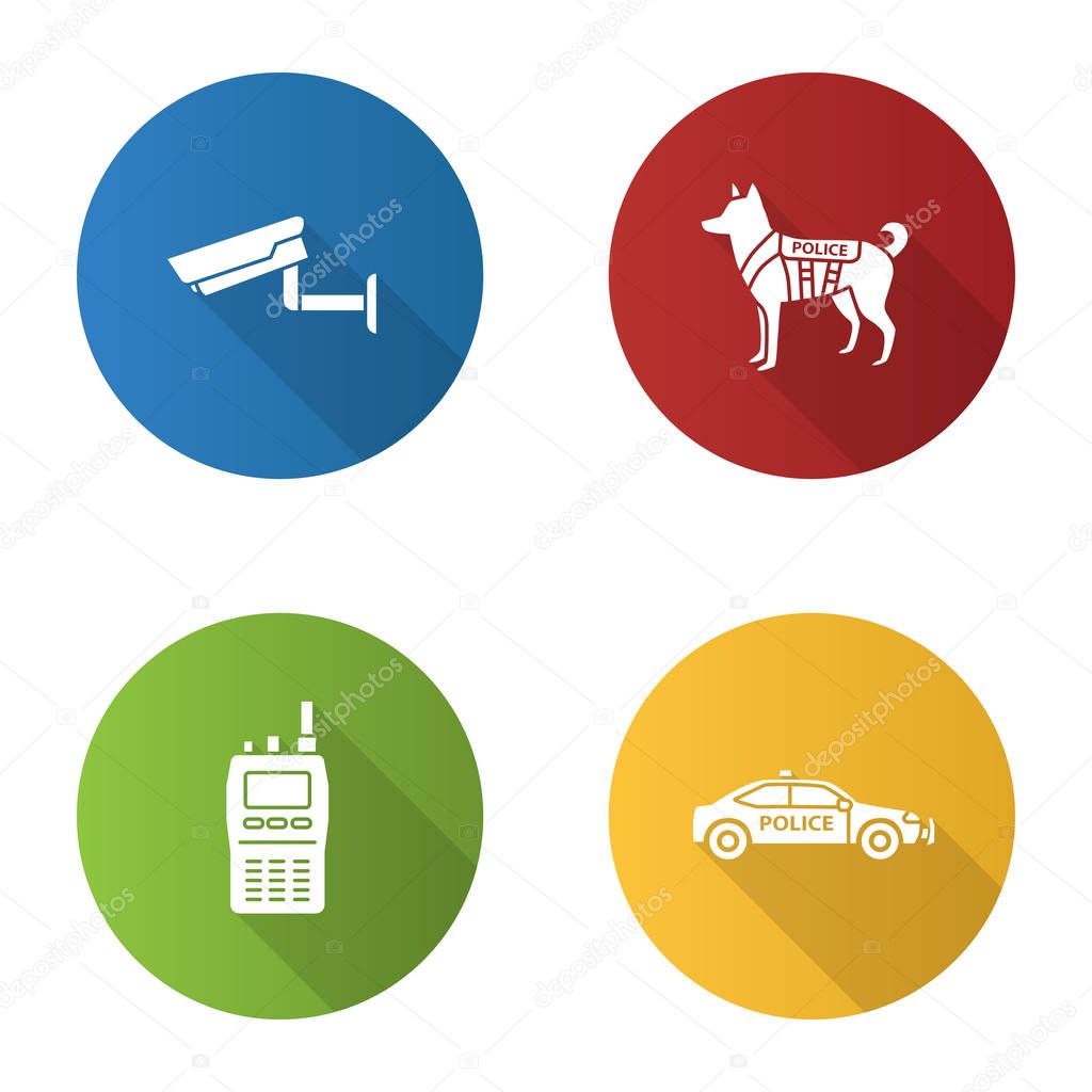 Police flat design long shadow glyph icons set. Surveillance camera, military dog, walkie talkie, car. Vector silhouette illustration