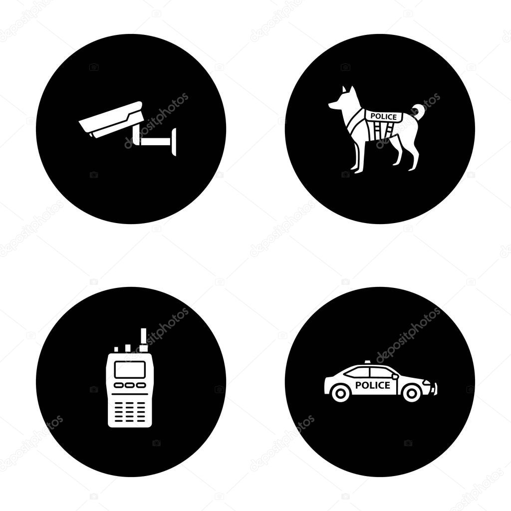 Police glyph icons set. Surveillance camera, military dog, walkie talkie, car. Vector white silhouettes illustrations in black circles