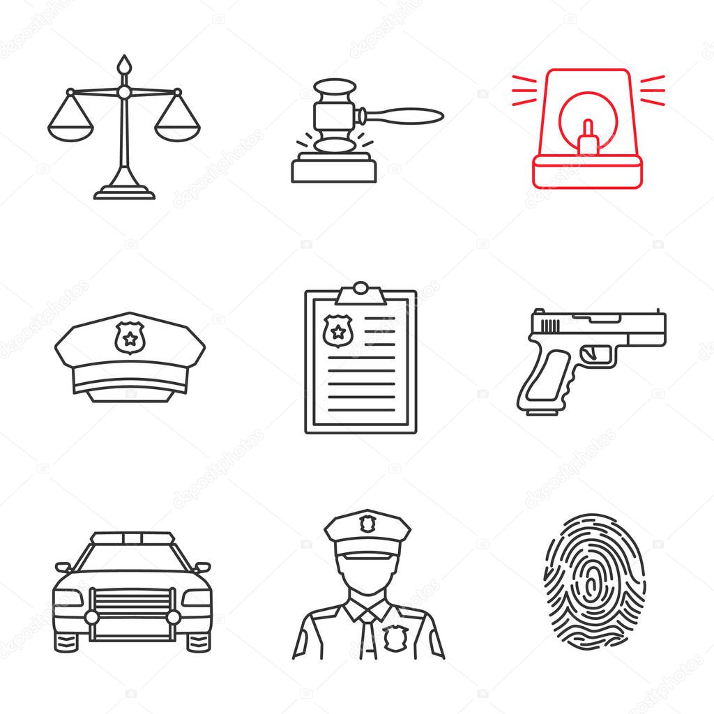 Police linear icons set. Justice scales, gavel, alarm, hat, report, gun, car, policeman, fingerprint. Thin line contour symbols. Isolated vector outline illustrations