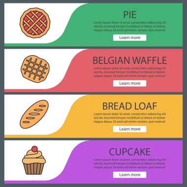 Fırın ekmek üreticileri web afiş şablonları ayarlayın. Pasta, Belçika waffle, ekmek ekmek, kek. Web sitesi renk menü öğeleri. Vektör üstbilgileri kavramları tasarım