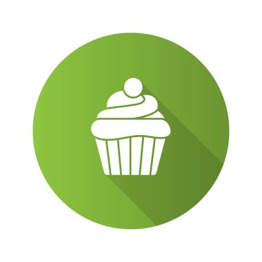 Cupcake düz tasarım uzun gölge glif simgesi. Muffin. Vektör siluet çizimi