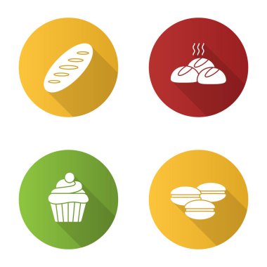Fırın düz tasarım uzun gölge glif simgeler kümesi. Ekmek somun, akşam yemeği rulo, cupcake, macarons. Vektör siluet çizimi