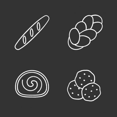 Fırın tebeşir Icons set. Baget, challah, İsviçre rulo, çikolata parçaları. İzole vektör kara tahta çizimler