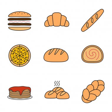 Fırın renk simgesi. Hamburger, kruvasan, baget, pizza, yuvarlak ekmek, İsviçre rulo, krep, rulo, challah. İzole vektör çizim