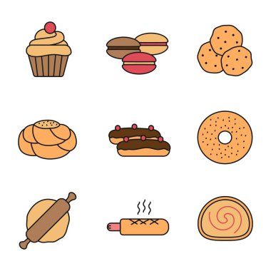 Fırın renk simgesi. Cupcake, macarons, çikolata, pasta ekmek, pasta, çörek, PIN, Fransız sosisli sandviç, İsviçre rulo haddeleme. İzole vektör çizim