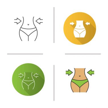 Kilo kaybı simgesi. Tasarım, doğrusal düz ve stilleri renk. İnce bel. Zayıflama. İzole vektör çizimler