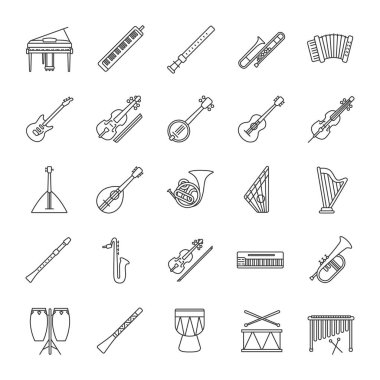 Müzik aletleri doğrusal Icons set. Orkestra ekipman. Yaylı, Rüzgar, vurmalı çalgılar. İnce çizgi kontur sembolleri. İzole vektör anahat çizimler