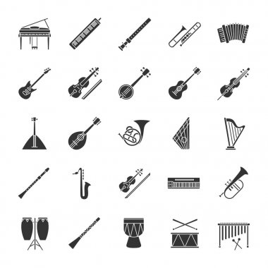 Müzik aletleri glif simgeler kümesi. Orkestra ekipman. Yaylı, Rüzgar, vurmalı çalgılar. Siluet simgeler. İzole vektör çizim