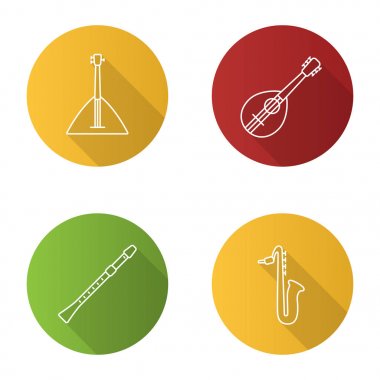 Müzik aletleri düz doğrusal uzun gölge Icons set. Balalayka, mandolin, saksafon, flüt. Vektör anahat çizim
