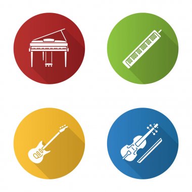 Müzik aletleri düz tasarım uzun gölge glif Icons set. Piyano, melodika, elektro gitar, viola. Vektör siluet çizimi