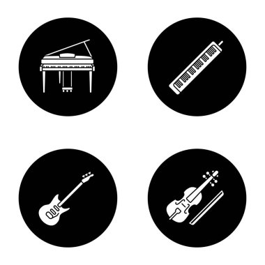 Müzik aletleri glif simgeler kümesi. Piyano, melodika, elektro gitar, viola. Vektör beyaz siyah daireler resimlerde siluetleri