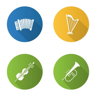 Müzik aletleri düz tasarım uzun gölge glif Icons set. Akordeon, ARP, viyolonsel, flügelhorn. Vektör siluet çizimi