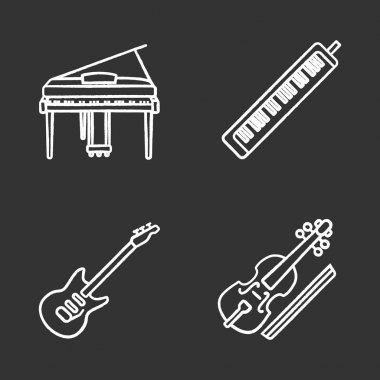 Müzik aletleri Icons set tebeşir. Piyano, melodika, elektro gitar, viola. İzole vektör kara tahta çizimler