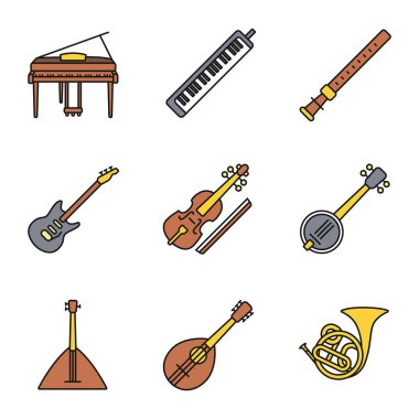 Müzik aletleri Icons set renk. Piyano, melodika, duduk, elektro gitar, viyola, banjo, Balalayka, mandolin, Fransız kornosu. İzole vektör çizimler