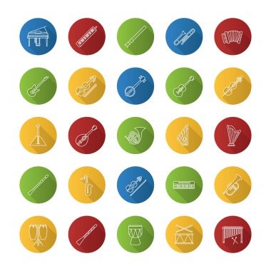 Müzik aletleri düz doğrusal uzun gölge Icons set. Orkestra ekipman. Yaylı, Rüzgar, vurmalı çalgılar. Vektör anahat çizim