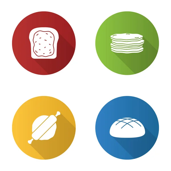 Panadería Plana Diseño Largo Conjunto Iconos Glifo Sombra Tostadas Con — Vector de stock