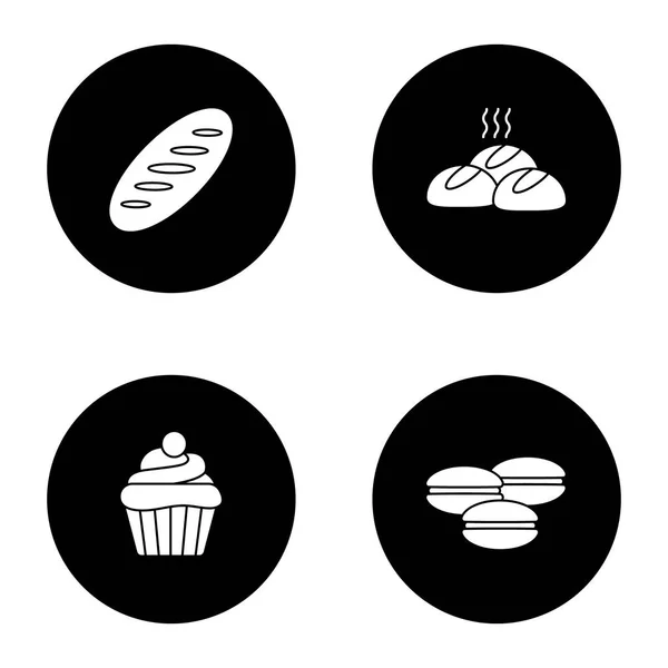 Boulangerie Icônes Glyphe Ensemble Pain Petits Pains Cupcake Macarons Illustrations — Image vectorielle