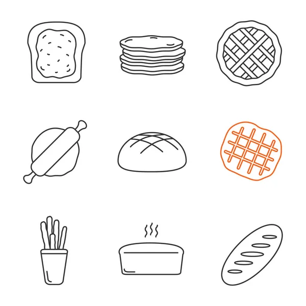面包店线性图标设置 烤面包 黑麦面包 比利时华夫饼 Grissini 砖块面包 细线轮廓符号 独立矢量轮廓插图 — 图库矢量图片