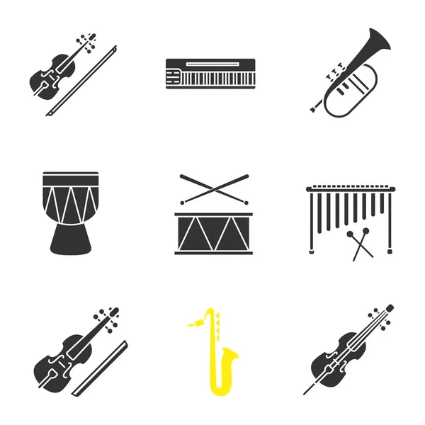 Instrumentos Musicais Conjunto Ícones Glifo Violino Mellotron Flugelhorn Kendang Tambor —  Vetores de Stock