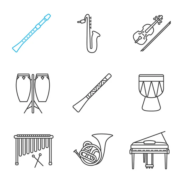 Instrumentos Musicais Conjunto Ícones Lineares Didgeridoo Saxofone Violino Conga Flauta —  Vetores de Stock