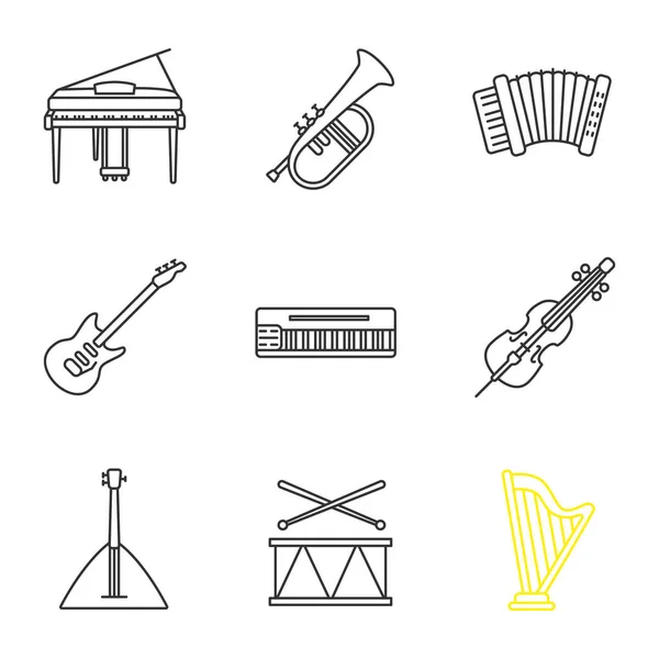 Набор Музыкальных Инструментов Линейных Икон Пианино Флюгельгорн Аккордеон Гитара Меллотрон — стоковый вектор